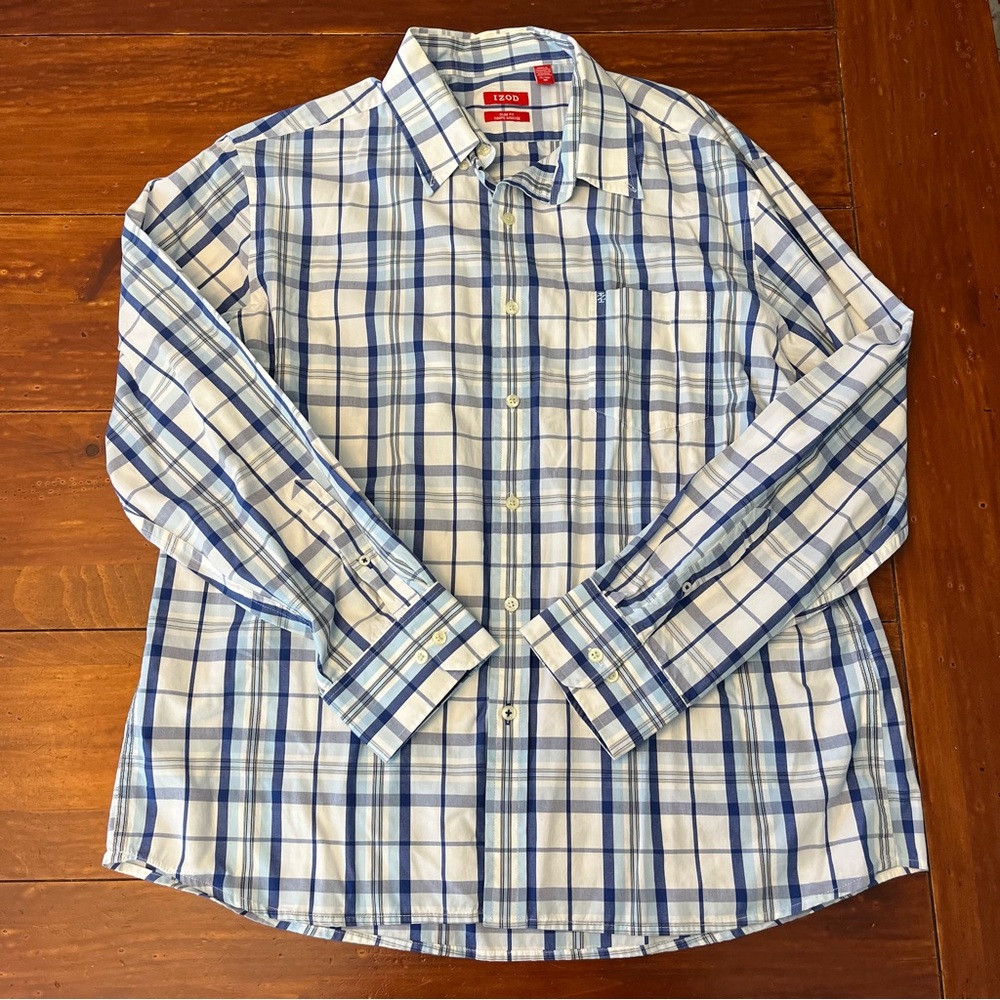 Izod Mens Slim Fit Button Down Shirt Size XL Blue and White Check Print